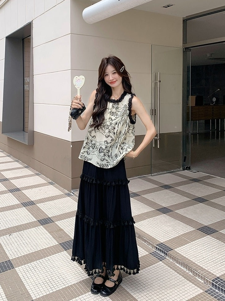 Modern Style Contrast Trim Vest And Skirt Set