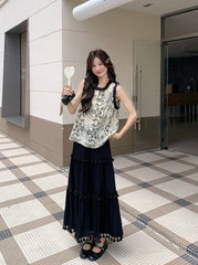 Modern Style Contrast Trim Vest And Skirt Set