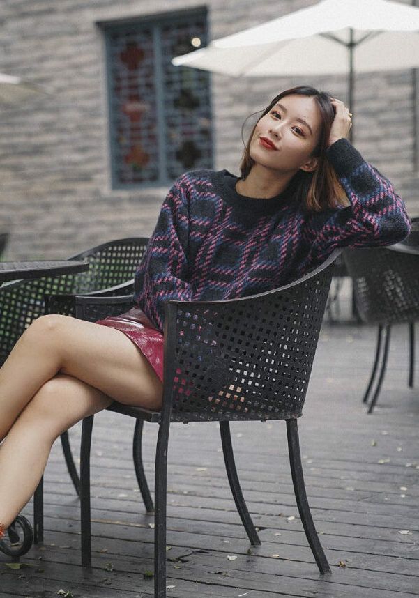 Lilac Checkered Knit Sweater