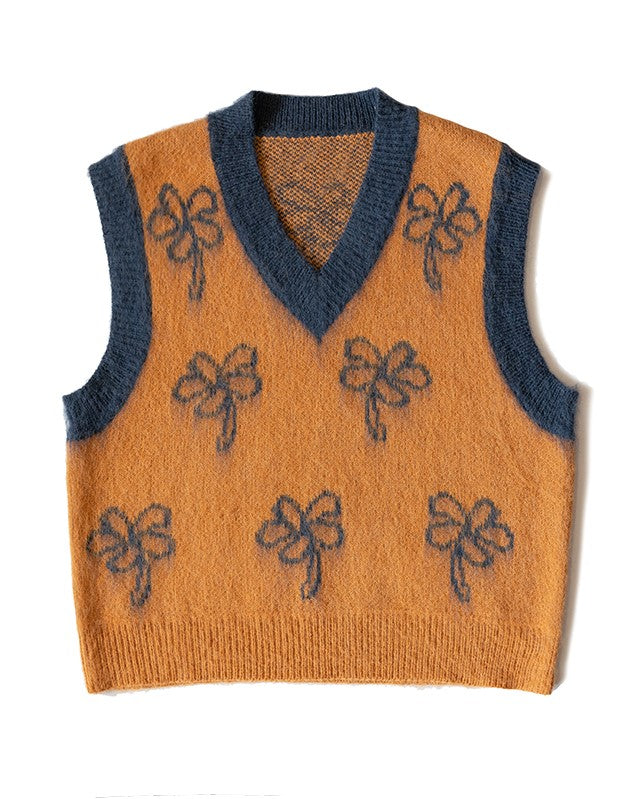 Blue Flower Print V-Neck Vest