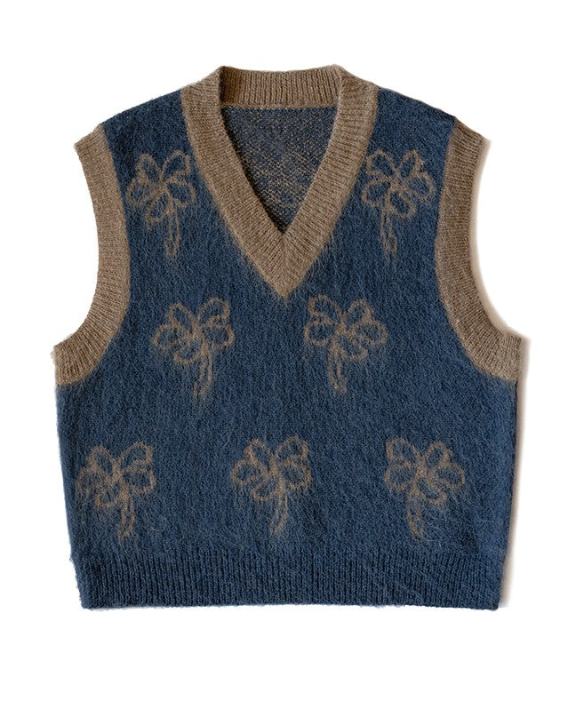 Blue Flower Print V-Neck Vest