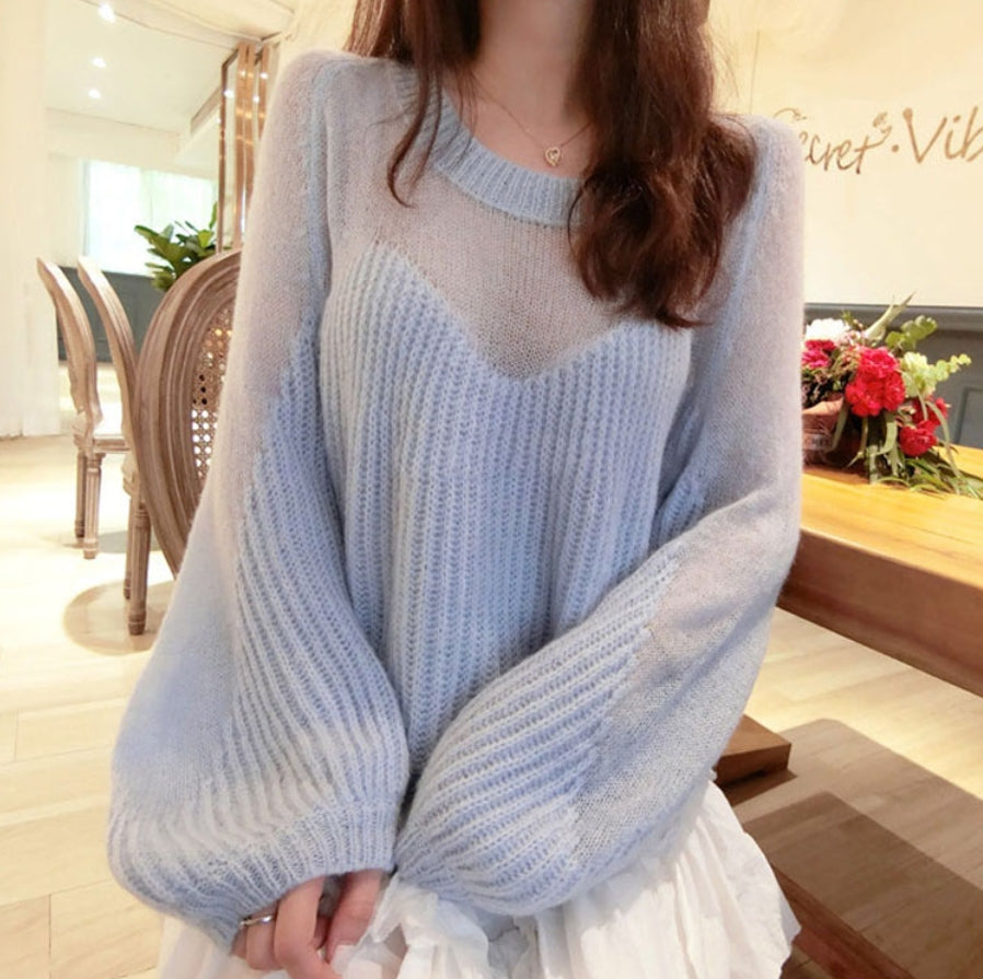 Blue Oversized Partly See-through Sweater
