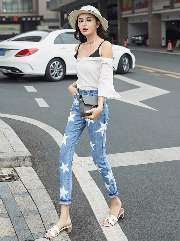 Blue Star Print Skinny Jeans