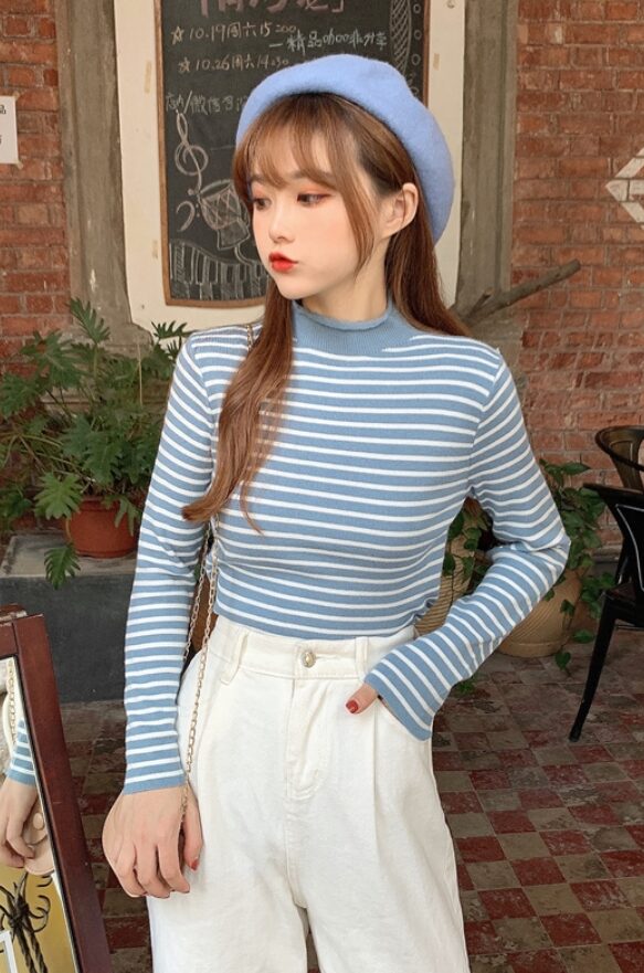 Black And White Striped Mock Neck Sweater