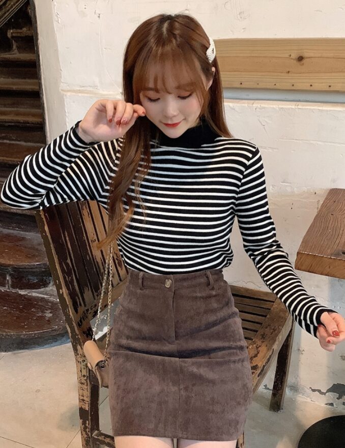 Black And White Striped Mock Neck Sweater