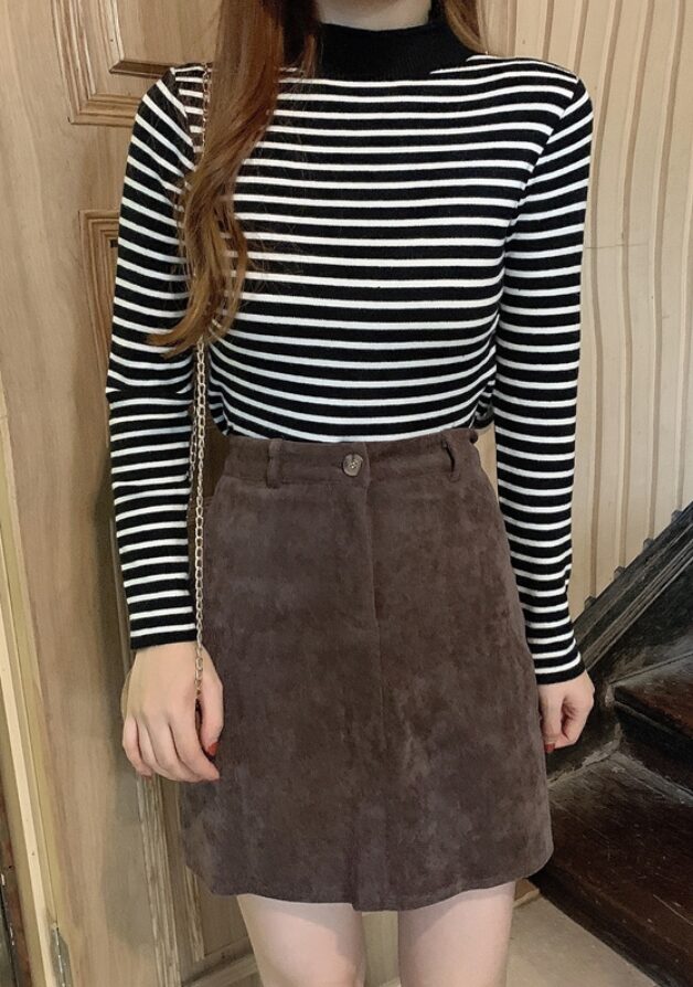 Black And White Striped Mock Neck Sweater