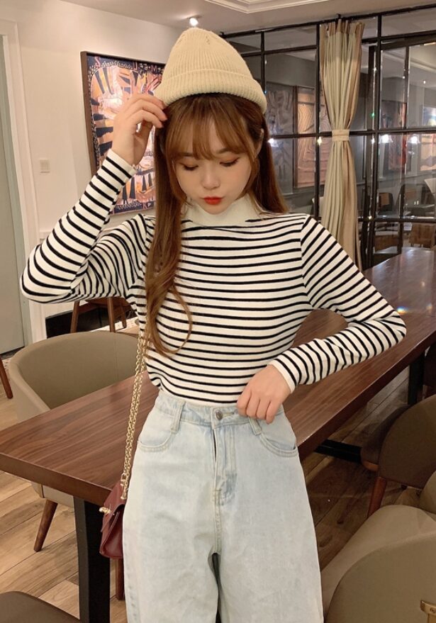 Black And White Striped Mock Neck Sweater