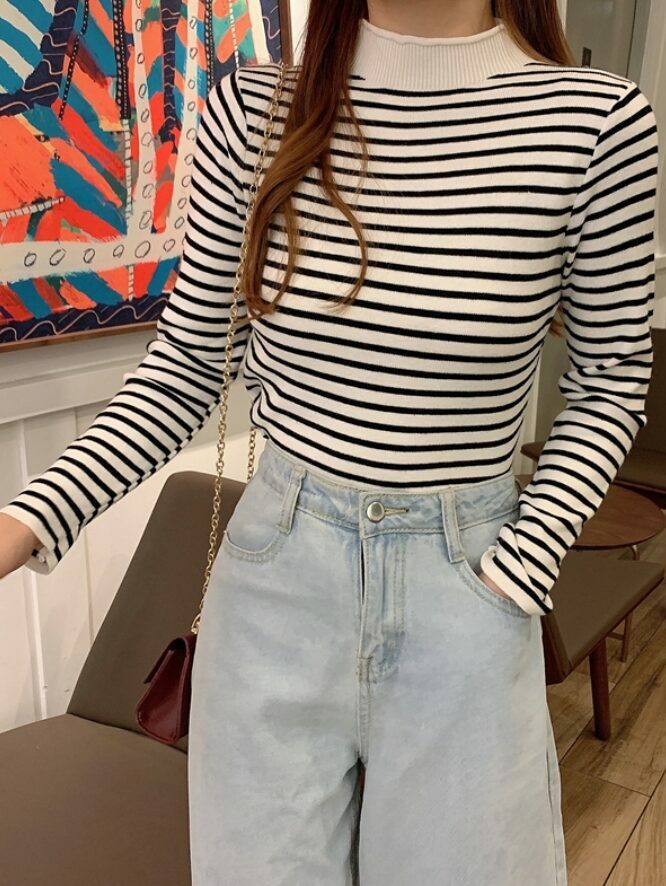 Black And White Striped Mock Neck Sweater