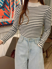 Black And White Striped Mock Neck Sweater