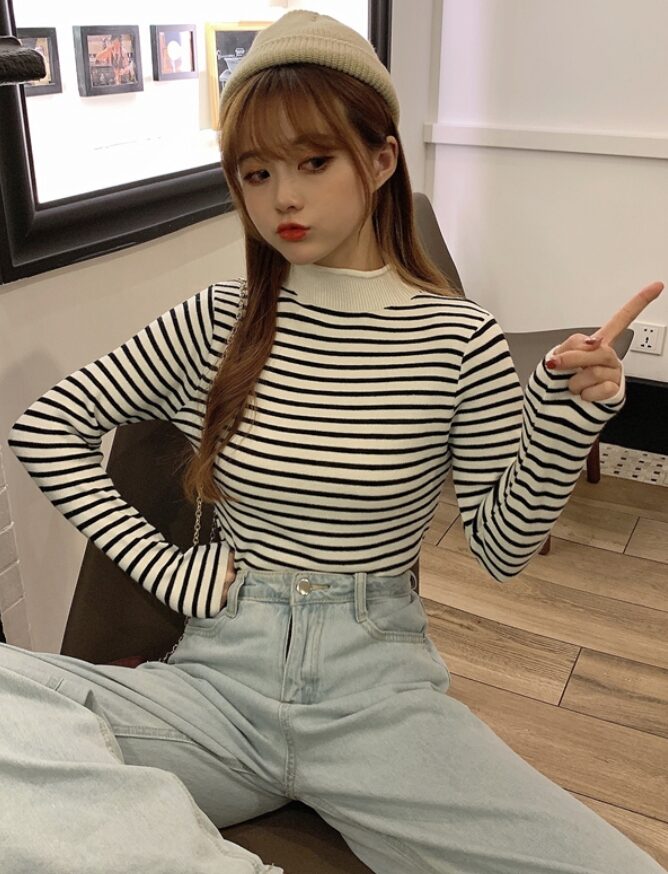 Black And White Striped Mock Neck Sweater