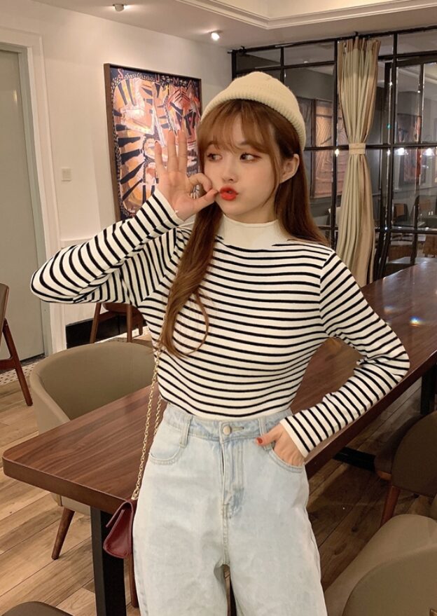 Black And White Striped Mock Neck Sweater