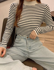 Black And White Striped Mock Neck Sweater
