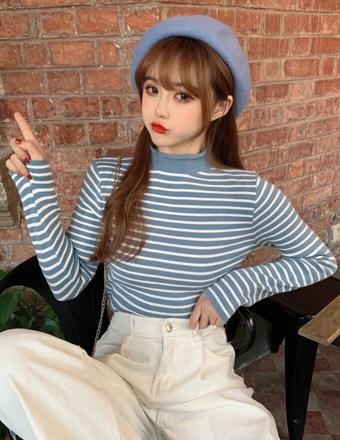 Black And White Striped Mock Neck Sweater