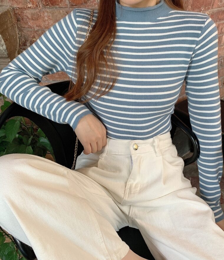 Black And White Striped Mock Neck Sweater