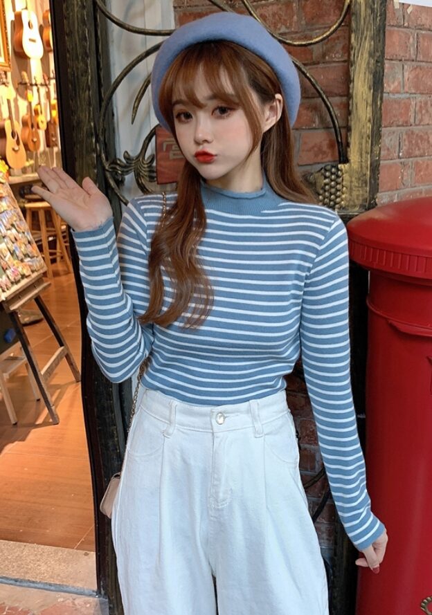 Black And White Striped Mock Neck Sweater