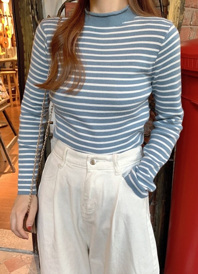 Black And White Striped Mock Neck Sweater