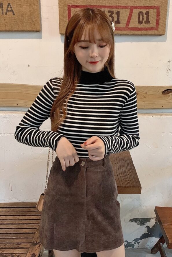 Black And White Striped Mock Neck Sweater