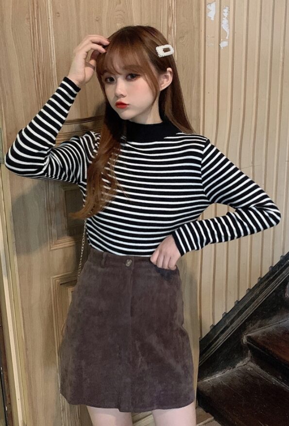 Black And White Striped Mock Neck Sweater