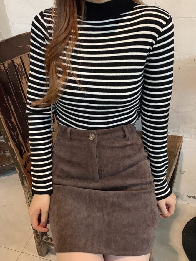 Black And White Striped Mock Neck Sweater