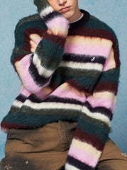 Multicolor Fuzzy Striped Knit Sweater