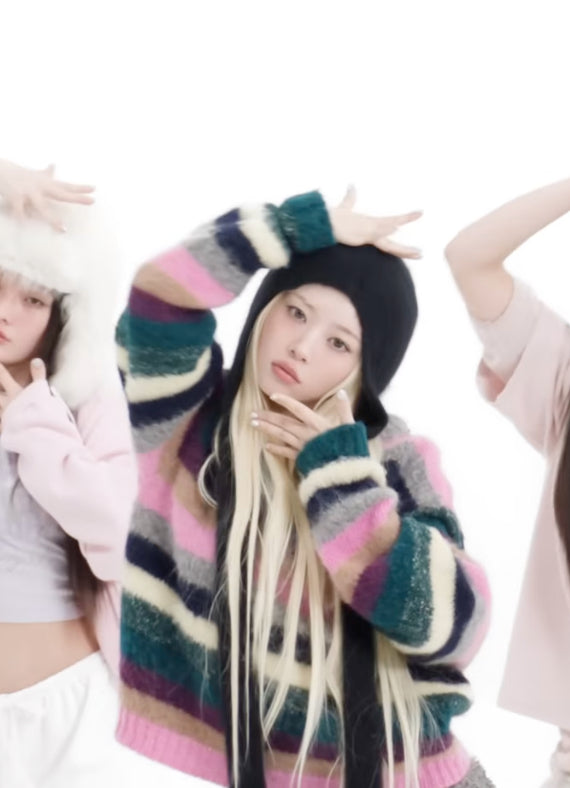 Multicolor Fuzzy Striped Knit Sweater