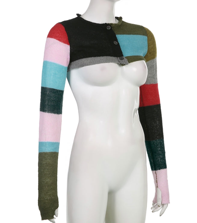 Multicolored Patchwork Cropped Cardigan