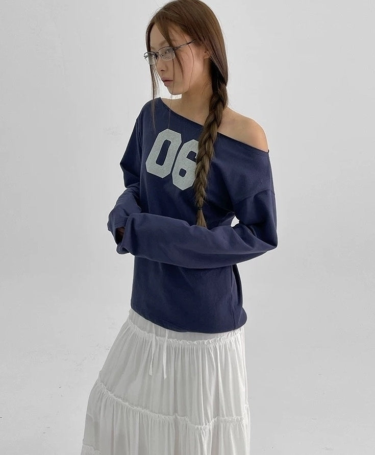 Navy Blue 06 Graphic Print Off-Shoulder Long Sleeve T-Shirt