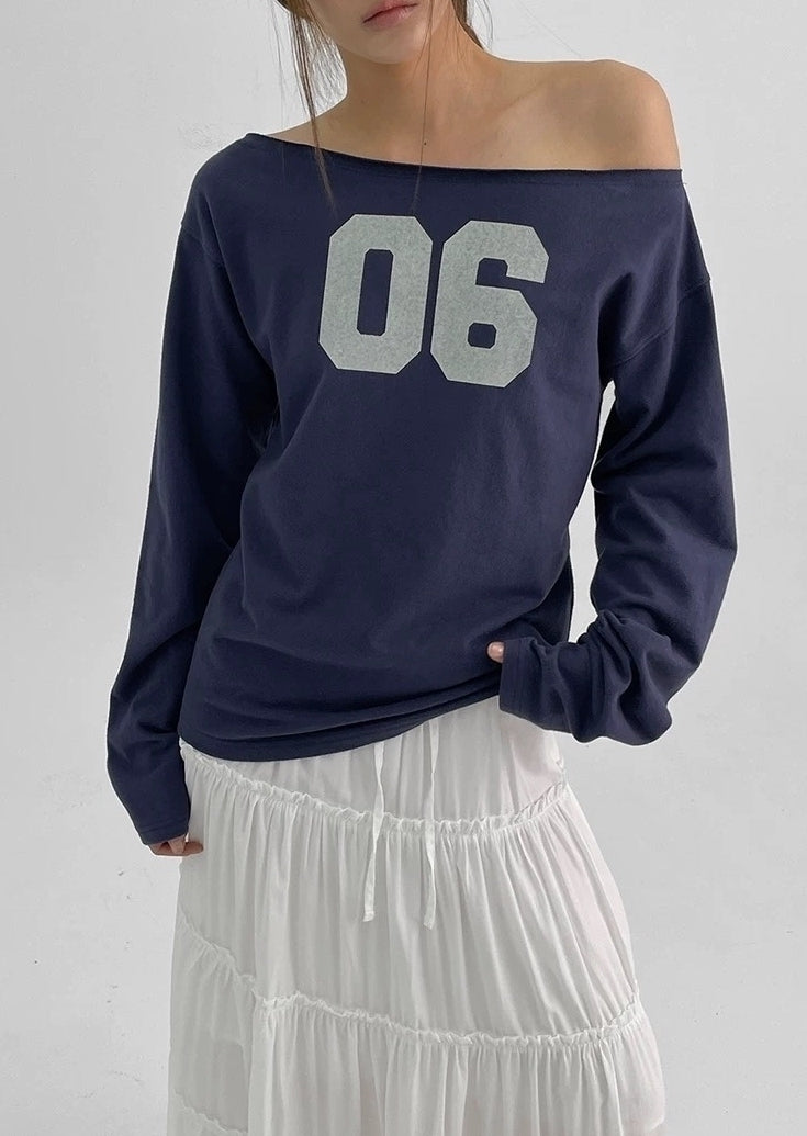 Navy Blue 06 Graphic Print Off-Shoulder Long Sleeve T-Shirt