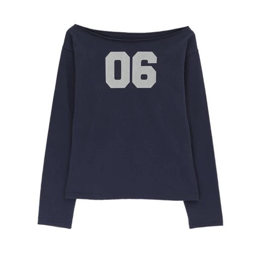 Navy Blue 06 Graphic Print Off-Shoulder Long Sleeve T-Shirt