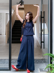 Navy Blue Chic Vest And Wide Leg Pants Set
