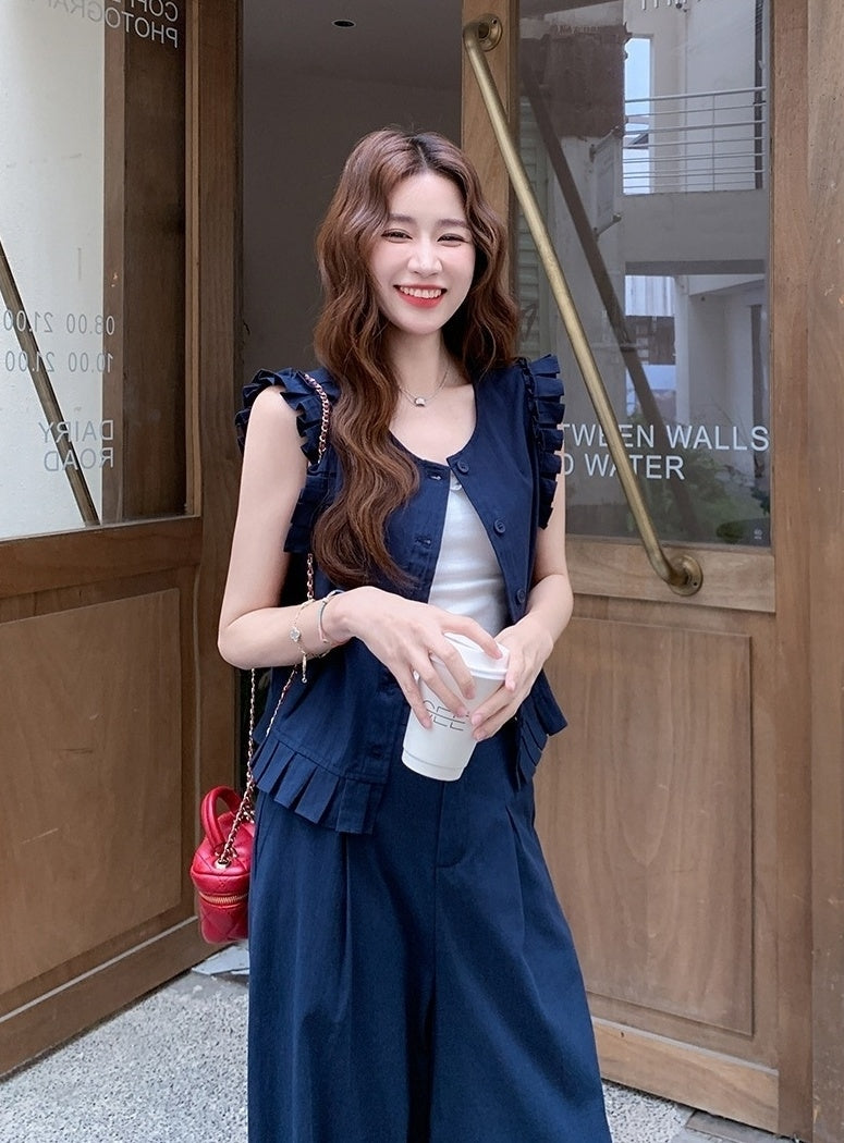 Navy Blue Chic Vest And Wide Leg Pants Set