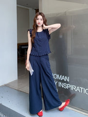 Navy Blue Chic Vest And Wide Leg Pants Set