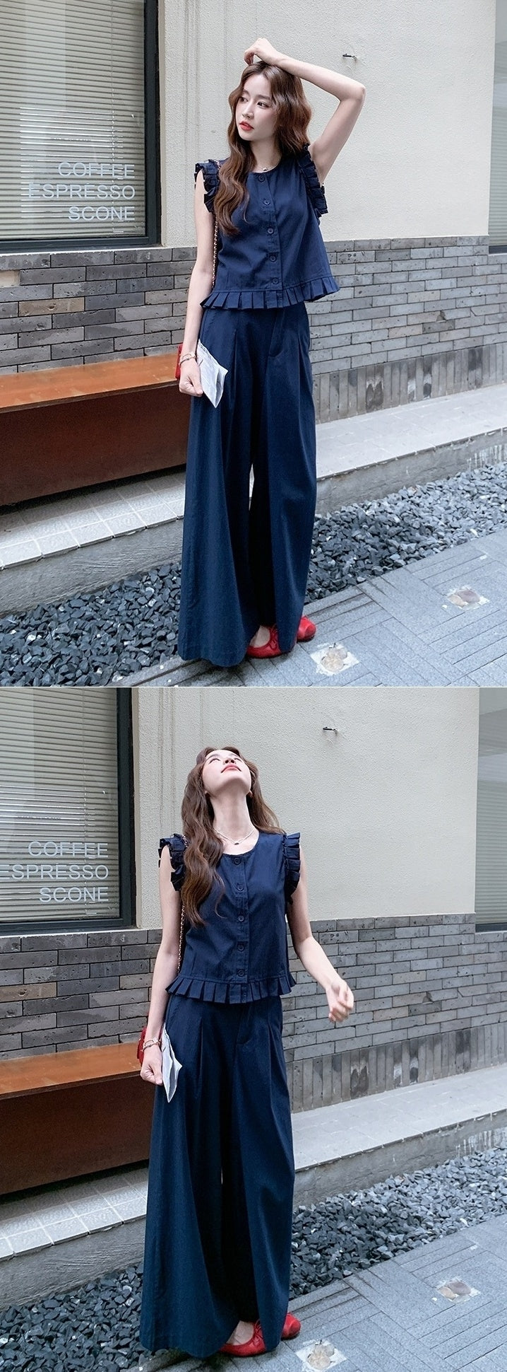 Navy Blue Chic Vest And Wide Leg Pants Set