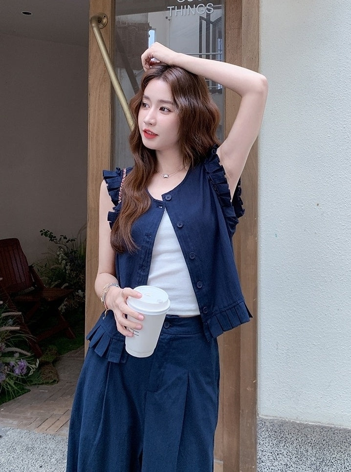 Navy Blue Chic Vest And Wide Leg Pants Set