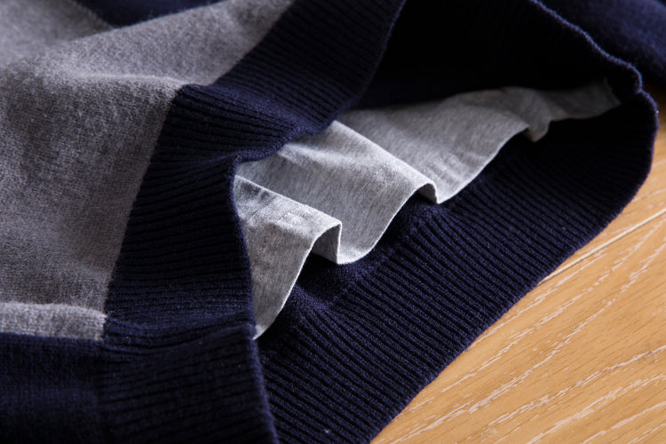 Navy Blue Collared Sweater With Geometric Details