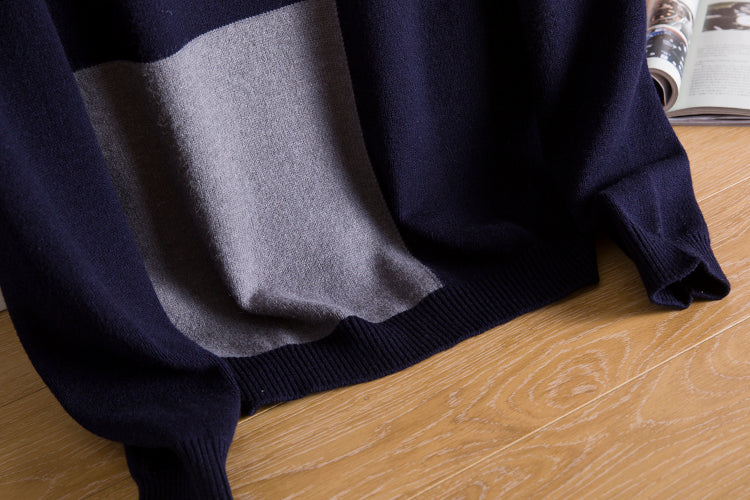 Navy Blue Collared Sweater With Geometric Details