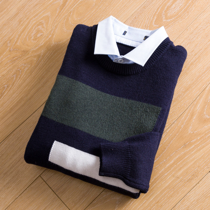 Navy Blue Collared Sweater With Geometric Details