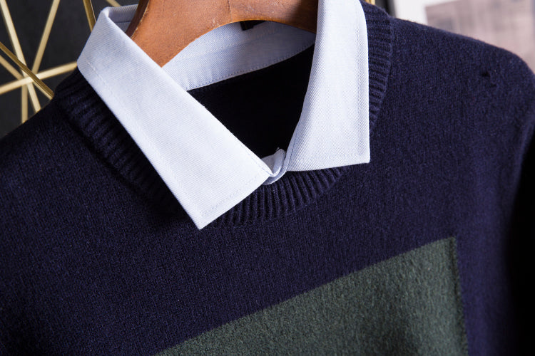 Navy Blue Collared Sweater With Geometric Details