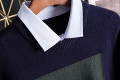 Navy Blue Collared Sweater With Geometric Details