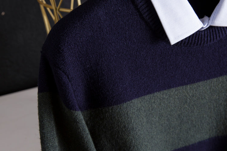 Navy Blue Collared Sweater With Geometric Details