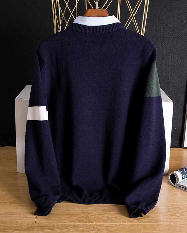 Navy Blue Collared Sweater With Geometric Details