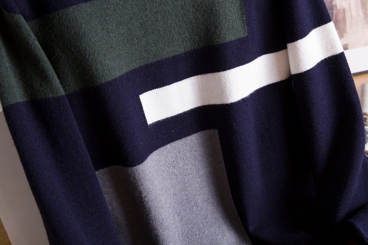 Navy Blue Collared Sweater With Geometric Details