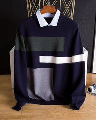 Navy Blue Collared Sweater With Geometric Details