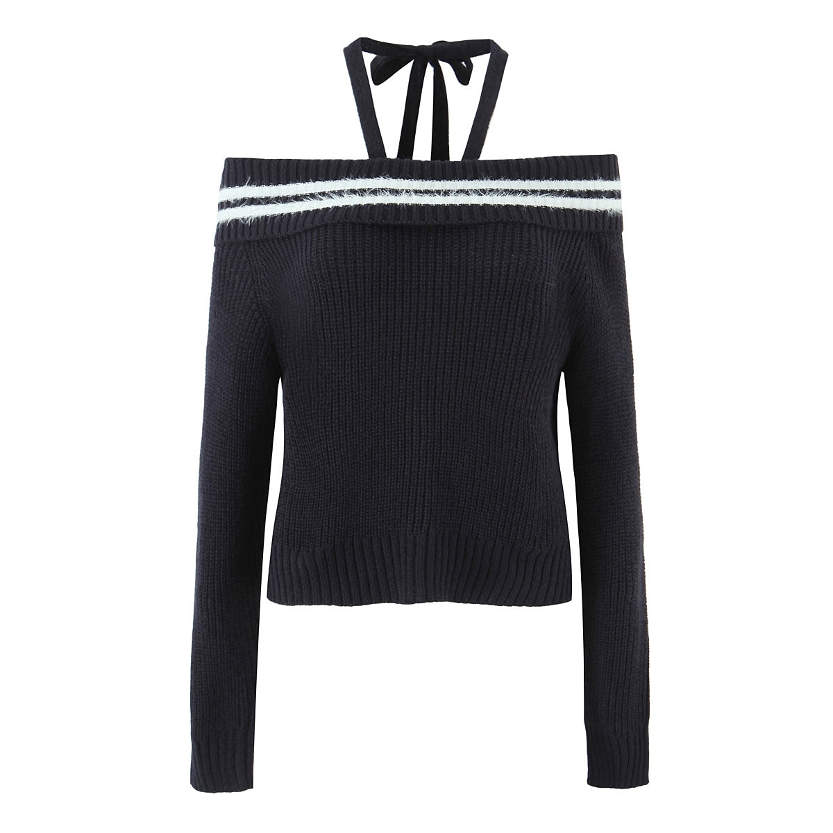 Navy Blue Halter Strap Off-Shoulder Sweater