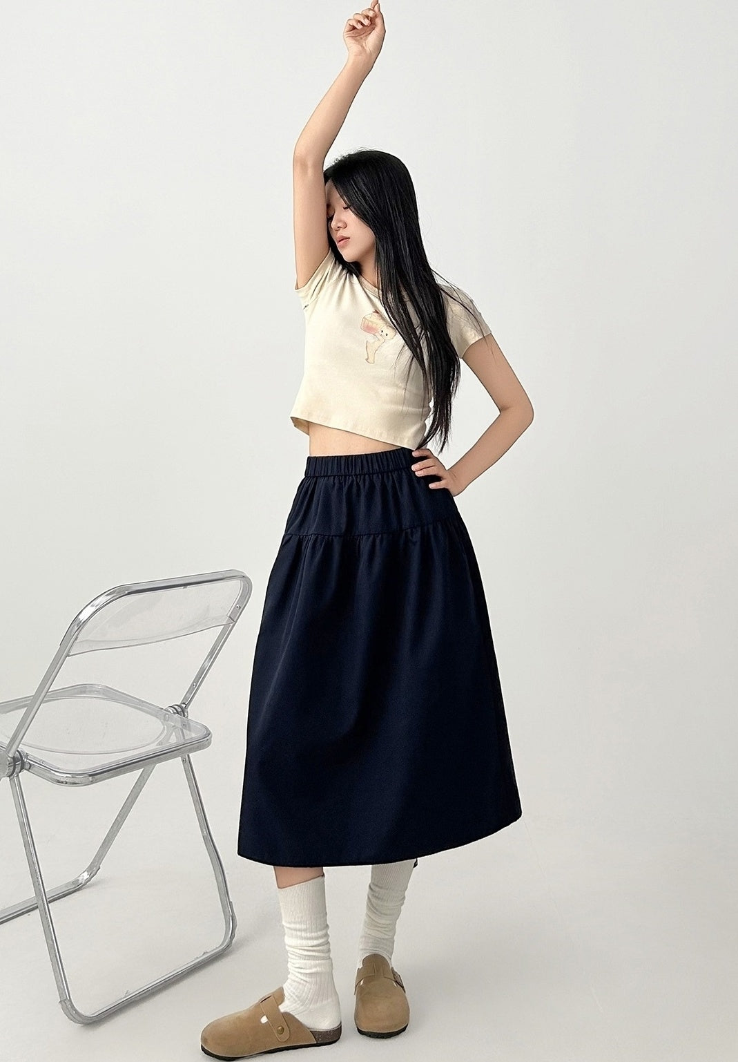 Navy Blue High Waist Flared Midi Skirt