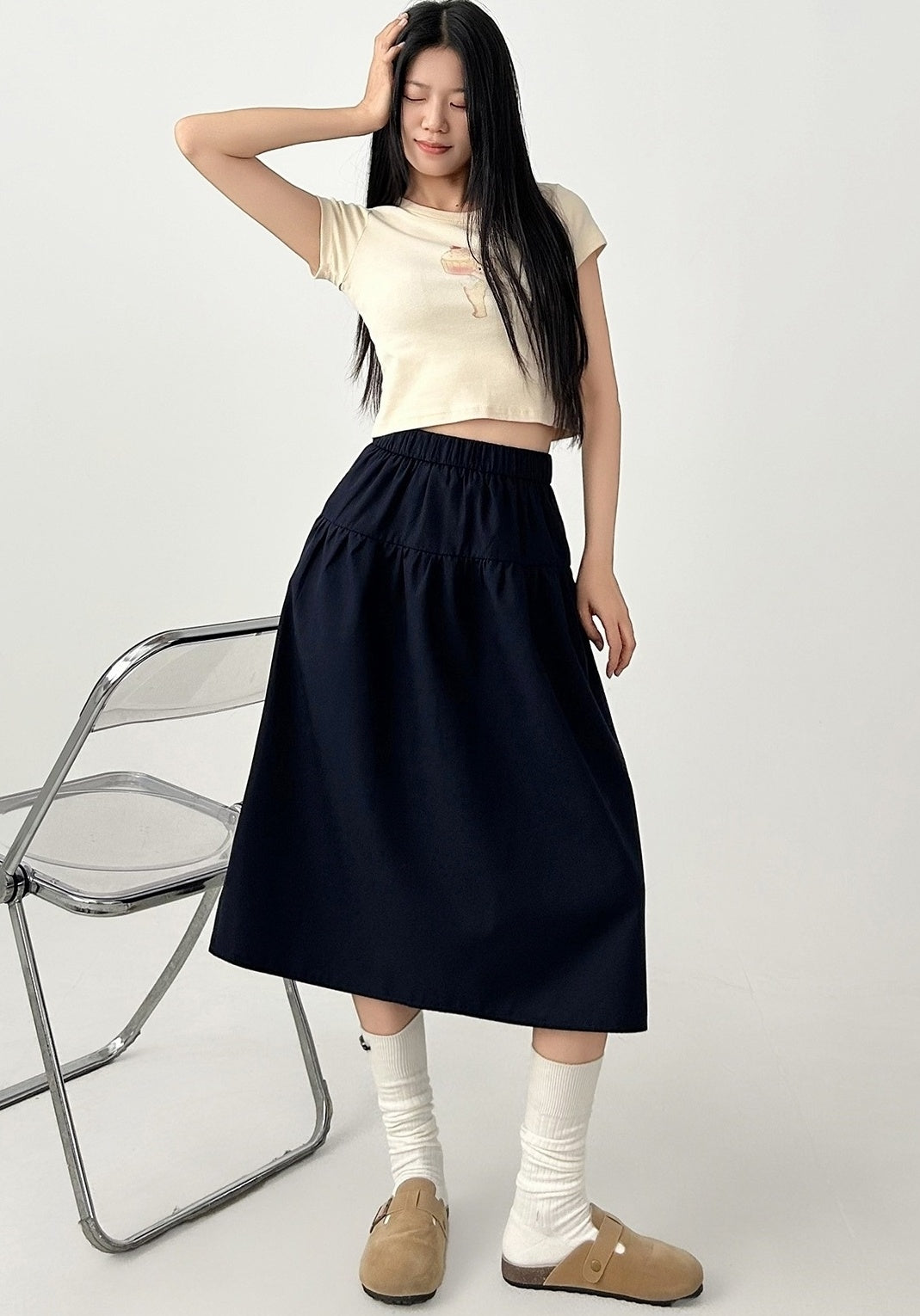 Navy Blue High Waist Flared Midi Skirt