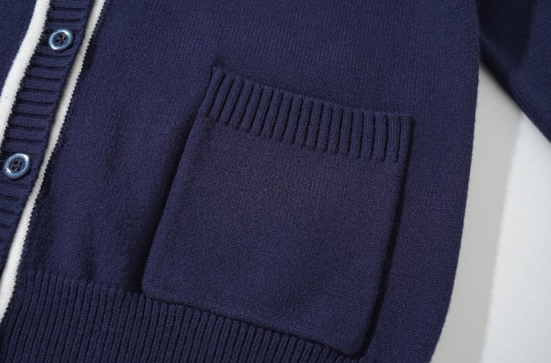 Navy Blue Lined V-Neck Cardigan