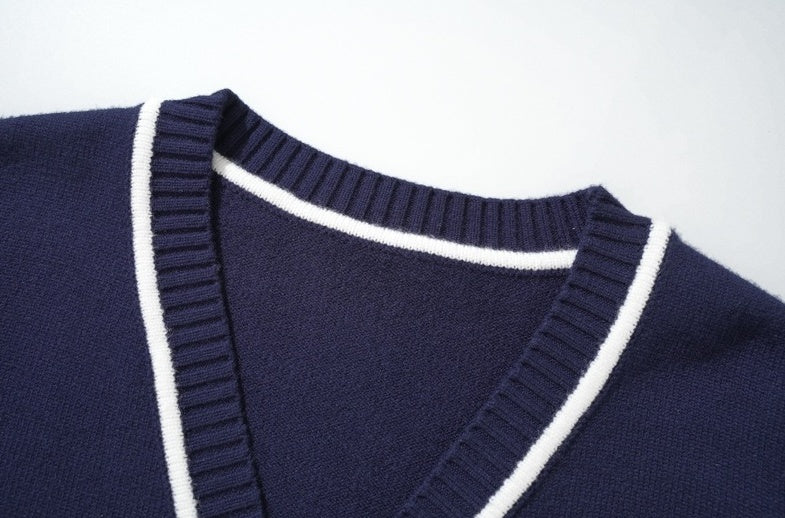Navy Blue Lined V-Neck Cardigan