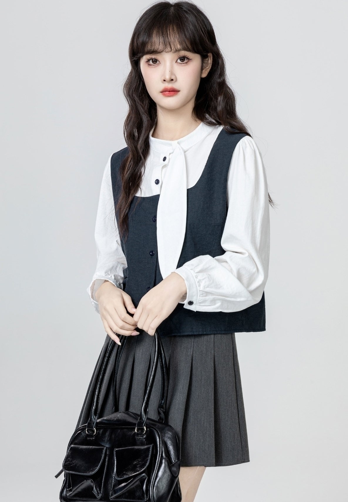 Navy Blue Long Sleeve Tie Detail Shirt Top