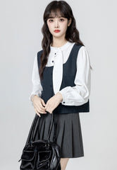 Navy Blue Long Sleeve Tie Detail Shirt Top